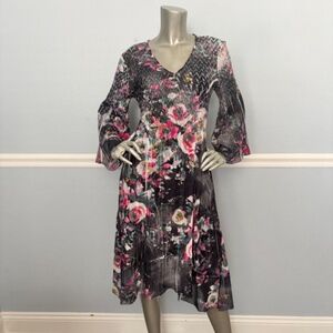 Komarov Nwt Chiffon Floral Print 3/4 Bell Sleeve Jewel Rose Crinkle Dress